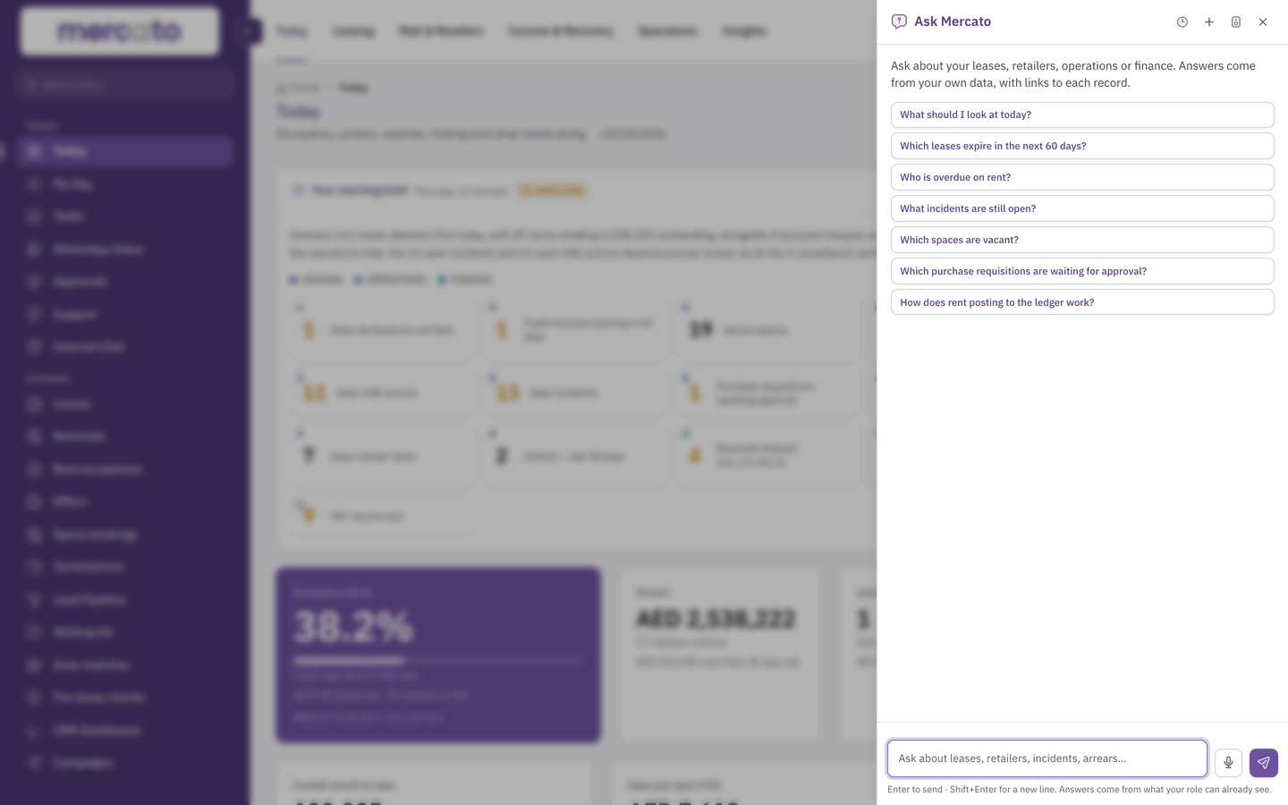 Ask Mercato open beside the Today page, suggesting questions about leases, arrears, incidents and approvals.