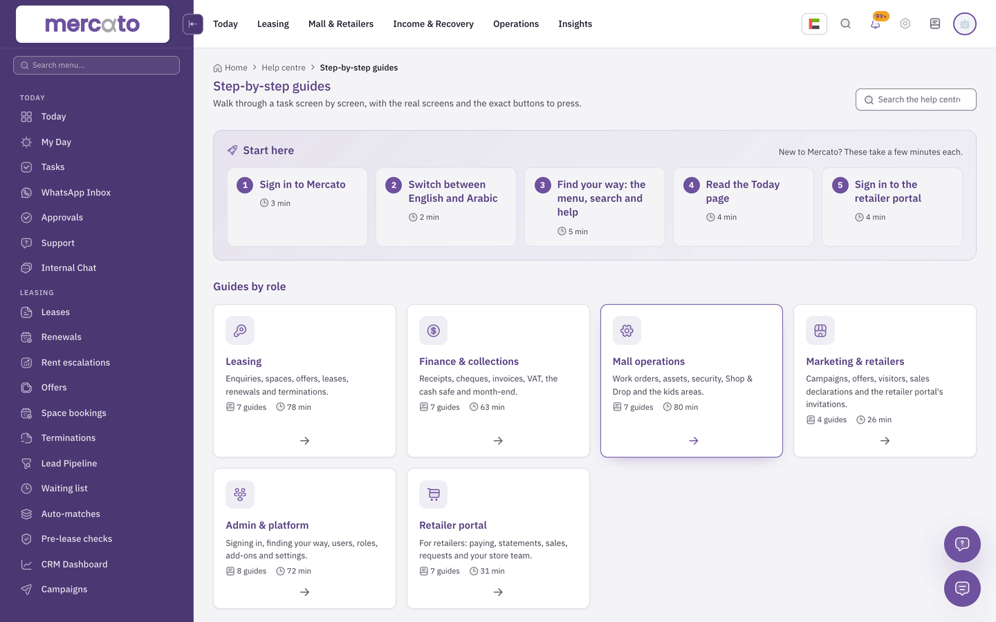 The Mercato help centre: step-by-step guides grouped by role, for leasing, finance, operations, marketing, administration and the retailer portal.